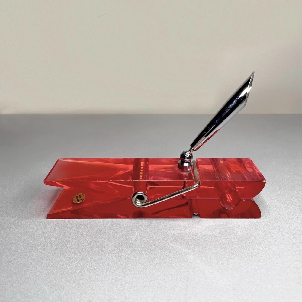 Vintage Red Acrylic Lucite Clothespin Swivel Pen Holder and Clip Paperweight